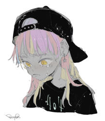 Rule 34 | 1girl, black hat, cropped torso, crying, crying with eyes open, demizu posuka, frown, hat, long hair, multicolored hair, original, pink hair, portrait, purple hair, sad, simple background, solo, streaming tears, tears, upper body, white background, yellow eyes