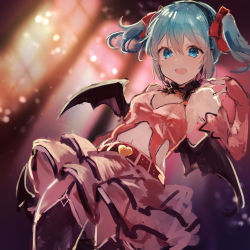 Rule 34 | 1girl, :d, bare shoulders, bat wings, belt, black hairband, blue eyes, blue hair, blush, copyright request, elbow gloves, gloves, hair between eyes, hair ribbon, hairband, hatsune miku, ikeuchi tanuma, layered skirt, looking at viewer, navel, open mouth, pink skirt, red gloves, red ribbon, ribbon, skirt, smile, solo, standing, sweet devil, twintails, vocaloid, wings