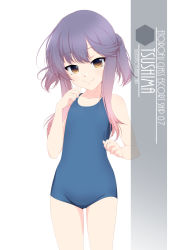 Rule 34 | 1girl, artist name, blue one-piece swimsuit, brown eyes, character name, commentary request, cowboy shot, eyes visible through hair, flat chest, gradient hair, highres, inaba shiki, kantai collection, looking at viewer, multicolored hair, new school swimsuit, one-hour drawing challenge, one-piece swimsuit, orange hair, purple hair, school swimsuit, short hair, short hair with long locks, sidelocks, simple background, smile, solo, standing, swimsuit, tsushima (kancolle), white background