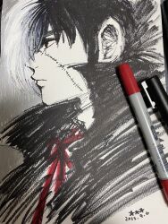 Rule 34 | 1boy, art tools in frame, artist name, black hair, black jack (character), black jack (series), caramelmsk, closed mouth, dated, expressionless, from side, highres, male focus, marker (medium), multicolored hair, neck ribbon, nib pen (medium), photo (medium), profile, red eyes, red ribbon, ribbon, short hair, simple background, solo, split-color hair, traditional media, white hair