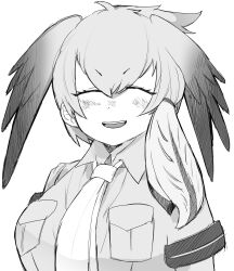 Rule 34 | 1girl, arms at sides, bird wings, blush, breast pocket, breasts, closed eyes, collared shirt, double-parted bangs, eyelashes, facing viewer, greyscale, hair between eyes, head wings, highres, igarashi (nogiheta), kemono friends, large breasts, layered sleeves, long hair, long sleeves, low ponytail, monochrome, multicolored hair, necktie, nose blush, open mouth, pocket, shirt, shoebill (kemono friends), short over long sleeves, short sleeves, side ponytail, simple background, smile, solo, taut clothes, taut shirt, upper body, white background, wing collar, wings