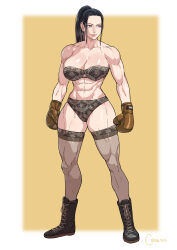 Rule 34 | 1girl, abs, absurdres, arms at sides, artist name, bare shoulders, biceps, black bra, black footwear, black hair, black panties, blue eyes, boots, boxing gloves, bra, breasts, brown gloves, cirenk, gloves, highres, large breasts, lips, long hair, muscular, muscular female, nico robin, one piece, panties, shoelaces, solo, thick thighs, thighs, underwear, underwear only