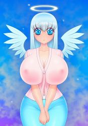 Rule 34 | 1girl, akiranime, angel, angel and devil, angel wings, animated, animated gif, belt, blue eyes, blue hair, blue sky, blush, bouncing breasts, breasts, cameltoe, cleavage, cloud, collarbone, covered erect nipples, cowboy shot, curvy, demon girl, demon horns, demon wings, denim, devil, dual persona, female focus, fire, flashing, halo, heart, heart-shaped pupils, heaven, hell, horns, huge breasts, innocent face, jeans, large areolae, long hair, looking at viewer, matching hair/eyes, nail polish, naughty face, navel, nipples, open clothes, open shirt, original, own hands together, pants, pink shirt, red eyes, shiny skin, shirt, skull, sky, smile, solo, symbol-shaped pupils, thigh gap, wide hips, wings