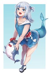 Rule 34 | 1girl, adapted costume, bloop (gawr gura), blue eyes, blue hair, breasts, can, closed eyes, fins, fish tail, flailing, full body, gawr gura, gawr gura (1st costume), hair ornament, highres, holding, hololive, hololive english, medium hair, moisture (chichi), multicolored hair, open mouth, shark, shark hair ornament, shark tail, sharp teeth, shoes, short twintails, sidelocks, small breasts, tail, tears, teeth, thighs, twintails, two-tone hair, virtual youtuber, white hair