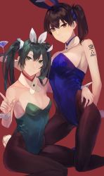 Rule 34 | 2girls, animal ears, bad id, bad twitter id, barcode, barcode tattoo, bare shoulders, black hair, body markings, bow, bowtie, breasts, brown eyes, brown hair, cleavage, cocktail glass, cup, dark green hair, detached collar, drinking glass, fake animal ears, fukazaki, green eyes, highres, kaga (kancolle), kantai collection, kneeling, large breasts, leotard, looking at viewer, medium breasts, multiple girls, pantyhose, playboy bunny, rabbit ears, rabbit tail, red background, side ponytail, simple background, sitting, smile, tail, tattoo, twintails, wrist cuffs, zuikaku (kancolle)