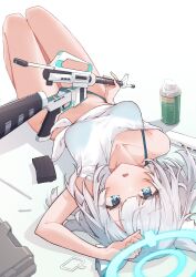 Rule 34 | 1girl, absurdres, airenif, alternate costume, arm up, assault rifle, bikini, bikini under clothes, blue archive, blue eyes, blue halo, blush, bottle, collarbone, commentary, green bikini, grey hair, gun, halo, highres, holding, holding gun, holding weapon, looking at viewer, lying, mismatched pupils, off shoulder, on back, open mouth, rifle, see-through, see-through shirt, shiroko (blue archive), shirt, short hair, simple background, single bare shoulder, solo, swimsuit, thighs, tied shirt, upside-down, weapon, white background, white shirt