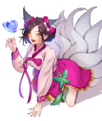 Rule 34 | 1girl, ahri (league of legends), animal ears, black hair, bow, dynasty ahri, ear bow, facial mark, fang, fox ears, fox tail, grey background, hair ornament, hair stick, heart, highres, kneeling, korean clothes, kyoungi nyang, league of legends, long sleeves, nail polish, official alternate costume, parted bangs, pink bow, pink nails, short hair, simple background, smile, solo, tail, vastaya, whisker markings