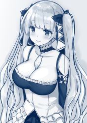 Rule 34 | 1girl, azur lane, bare shoulders, blue theme, bow, breasts, cleavage, collarbone, detached collar, dress, formidable (azur lane), hair bow, large breasts, long hair, long sleeves, monochrome, revision, sei000, smile, solo, twintails, upper body