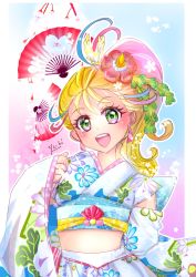 Rule 34 | 1girl, :d, adapted costume, blonde hair, blush, border, cure summer, detached sleeves, earrings, flower, gradient hair, green eyes, hair flower, hair ornament, high ponytail, highres, japanese clothes, jewelry, long sleeves, looking at viewer, manekineko5319, midriff, multicolored hair, open mouth, outline, pink hair, precure, red flower, side ponytail, signature, smile, solo, standing, stomach, tropical-rouge! precure, upper body, white border, white sleeves
