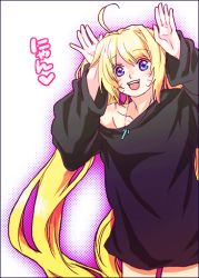 Rule 34 | 1girl, ahoge, arms up, black shirt, blonde hair, blue eyes, boo!king, breasts, collarbone, facial mark, facing viewer, female focus, genderswap, genderswap (mtf), gradient background, hands up, happy, heart, hiragana, japanese text, jewelry, long hair, long shirt, long sleeves, looking at viewer, looking to the side, lowres, naruko (naruto), naruto, naruto (series), necklace, open mouth, purple background, sexy no jutsu, shirt, smile, solo, standing, teeth, tongue, translated, uzumaki naruto, very long hair, whisker markings, whiskers, white background