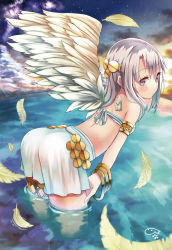Rule 34 | 1girl, armlet, bangle, bare shoulders, bent over, blush, bracelet, cloud, feathers, hair ornament, hands on thighs, haruken, highres, jewelry, leaning forward, long hair, looking back, midriff, original, partially submerged, grey eyes, silver hair, single wing, skirt, sky, smile, solo, standing, wading, water, wings