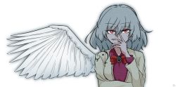 Rule 34 | 1girl, angel wings, arm up, beige jacket, blush stickers, bow, bowtie, braid, breasts, collared dress, commentary, covered mouth, dress, eyelashes, feathered wings, french braid, gem, green gemstone, hand to own mouth, highres, kishin sagume, long sleeves, looking at viewer, medium breasts, one-hour drawing challenge, purple dress, red bow, red bowtie, red eyes, scavia10, short hair, silver hair, simple background, single wing, slit pupils, solo, standing, touhou, upper body, white background, wing collar, wings