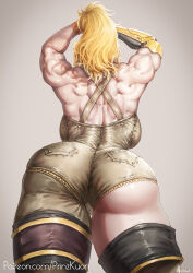 Rule 34 | 1girl, artist name, ass, ass focus, back, back muscles, backboob, blonde hair, breasts, from behind, grey background, huge ass, kuon (kwonchanji), large breasts, long hair, muscular, muscular female, pocket, ponytail, prosthesis, prosthetic arm, rwby, shoulder blades, solo, thick thighs, thighs, yang xiao long