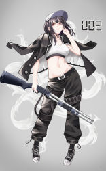 Rule 34 | 1girl, absurdres, bad id, bad pixiv id, baseball cap, belt, black footwear, black hair, black jacket, black legwear, black pants, blazer, breasts, buttons, cleavage, collarbone, crop top, cup6542, full body, grey background, gun, hand up, hat, highres, holding, holding gun, holding weapon, jacket, jacket on shoulders, leg belt, long sleeves, looking at viewer, medium breasts, midriff, navel, open clothes, open jacket, original, pants, pump action, red eyes, revision, shirt, shoes, short hair, shotgun, sidelocks, smile, sneakers, solo, standing, stomach, weapon, white shirt, wing collar