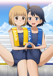 Rule 34 | 2girls, :d, black hair, blonde hair, blue eyes, blunt bangs, blush, brown eyes, collarbone, commentary request, fang, hand on another&#039;s shoulder, hand on another&#039;s waist, highres, hodaka natsumi, holding hands, houkago teibou nisshi, multiple girls, one-piece swimsuit, open mouth, school swimsuit, short hair, sitting, smile, spread legs, swimsuit, tooo, tsurugi hina