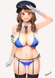 Rule 34 | 1girl, :d, armband, armpits, bad id, bad pixiv id, bikini, black thighhighs, blue bikini, blush, braid, breasts, brown hair, cleavage, detached collar, garter belt, garter straps, gloves, hat, heart, jellytits-7, large breasts, long hair, looking at viewer, necktie, open mouth, orange eyes, original, police, police hat, police uniform, policewoman, salute, short necktie, simple background, single braid, smile, solo, swimsuit, thighhighs, uniform, white gloves
