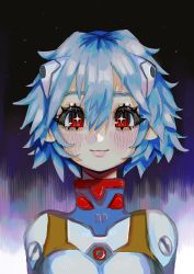 Rule 34 | 1girl, absurdres, ayanami rei, blue hair, blush, closed mouth, collarbone, covered collarbone, eyelashes, grizzace, hair between eyes, highres, light blue hair, long eyelashes, looking at viewer, neon genesis evangelion, pink lips, plugsuit, short hair, sky, smile, solo, sparkle, sparkling eyes, star (sky), starry sky, turtleneck, upper body