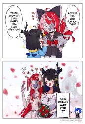 Rule 34 | 3girls, :d, a-chan (hololive), asymmetrical horns, blush, bouquet, bow, closed eyes, fang, flower, grey hair, hair bow, highres, holding, holding bouquet, hololive, hololive english, hololive indonesia, horns, kureiji ollie, long hair, mamaprofennn, multicolored hair, multiple girls, nerissa ravencroft, open mouth, red hair, smile, triangle mouth, uneven horns, virtual youtuber, wife and wife, yuri