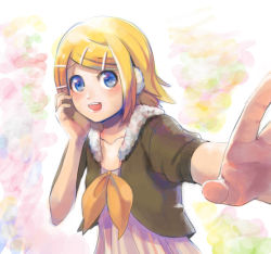 Rule 34 | 1girl, blonde hair, earmuffs, grimay, hair ornament, hairclip, kagamine rin, looking at viewer, open mouth, project diva (series), short hair, smile, solo, vocaloid