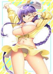 Rule 34 | &gt;:p, 1girl, :p, absurdres, arms up, baseball cap, bb (fate), bb (fate) (all), bb (swimsuit mooncancer) (fate), bb (swimsuit mooncancer) (first ascension) (fate), bikini, bikini top only, blush, braid, breasts, fate/grand order, fate (series), hat, highres, jacket, large breasts, long hair, looking at viewer, navel, navy (navy.blue), one eye closed, single braid, skirt, smile, solo, swimsuit, tongue, tongue out, v, white bikini, white hat, yellow jacket, yellow skirt