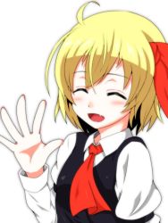 Rule 34 | 1girl, :d, ^ ^, ascot, blonde hair, closed eyes, fang, hair ribbon, highres, open mouth, ribbon, rumia, s-ghost, salute, shirt, short hair, simple background, smile, solo, touhou, vest, white background
