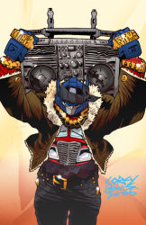 Rule 34 | autobot, bandana, belt, bling, boombox, clothed robot, corey lewis, gangster, jacket, jewelry, mecha, no humans, optimus prime, robot, solo, transformers, transformers: generation 1