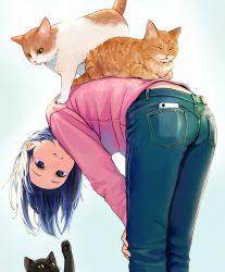 Rule 34 | 1girl, animal, ass, bent over, black eyes, black hair, cat, cellphone, character request, denim, hands on own knees, highres, jeans, long sleeves, looking back, lying, nashigaya koyomi, on back, original, pants, parted lips, phone, smile