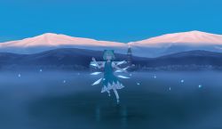 Rule 34 | 1girl, blue hair, bow, cirno, clock, clock tower, commentary, dancing, dark, closed eyes, fog, frozen lake, hair bow, hands up, highres, hinami047, ice, ice wings, lake, mountain, scarlet devil mansion, scenery, short hair, smile, snow, snowflakes, solo, touhou, tower, twilight, wings, winter
