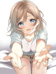 Rule 34 | 1girl, blue eyes, borgbutler, brown hair, highres, looking at viewer, love live!, love live! sunshine!!, open mouth, shirt, short sleeves, smile, solo, watanabe you, white shirt