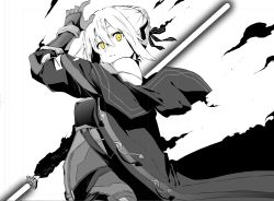 Rule 34 | 1girl, artoria pendragon (fate), bow, braid, cloak, energy sword, fate/grand order, fate (series), french braid, gauntlets, greyscale, hair bow, highres, holding, holding weapon, hood, hooded cloak, monochrome, mysterious heroine x alter (fate), mysterious heroine x alter (third ascension) (fate), solo, spot color, sword, tsukamoto minori, weapon, yellow eyes