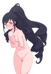 Rule 34 | 1girl, black hair, blush, breasts, closed mouth, completely nude, drill hair, female focus, highres, kagayaki eve, kiratto pri chan, long hair, looking at viewer, medium breasts, navel, nipples, nude, ponytail, pretty series, pussy, red eyes, simple background, solo, transparent background, very long hair, yonekura hisaki