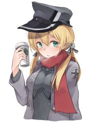 Rule 34 | 10s, 1girl, anchor hair ornament, blonde hair, blush, breath, cross, green eyes, hair ornament, hat, iron cross, jacket, kantai collection, looking at viewer, makihitsuji, military, military hat, military jacket, military uniform, no gloves, peaked cap, prinz eugen (kancolle), red scarf, scarf, simple background, solo, starbucks, twintails, uniform, upper body, white background