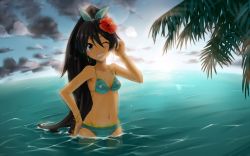 Rule 34 | 1girl, adjusting hair, ahoge, aqua bikini, aqua bow, aqua eyes, aqua ribbon, armpits, artist request, barefoot, beach, bikini, black hair, blurry, bow, bracelet, breasts, cleavage, clenched hands, clenched teeth, cloud, collarbone, day, depth of field, earrings, eyelashes, fang, flower, flower on head, ganaha hibiki, hair between eyes, hair bow, hair ornament, hair ribbon, hand on own hip, hand up, happy, high ponytail, hoop earrings, horizon, idolmaster, idolmaster (classic), jewelry, legs, light rays, long hair, looking at viewer, medium breasts, midriff, nature, neck, ocean, official alternate costume, one eye closed, outdoors, outstretched arms, palm tree, partially submerged, pise, ponytail, ribbon, sidelocks, sky, smile, standing, summer, sunlight, swimsuit, teeth, thighs, tree, two-tone bikini, very long hair, water, water drop, wet, wet clothes, wet hair, wet swimsuit, wide ponytail, wink