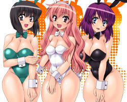 Rule 34 | 3girls, animal ears, bad anatomy, bad id, bad pixiv id, bare legs, bare shoulders, black hair, blue eyes, bow, bowtie, breasts, cleavage, cuffs, detached collar, henrietta de tristain, hip focus, huge breasts, long hair, louise francoise le blanc de la valliere, multiple girls, open mouth, pink eyes, pink hair, playboy bunny, purple hair, sen (sansui), short hair, siesta (zero no tsukaima), thick thighs, thighs, wide hips, wrist cuffs, zero no tsukaima