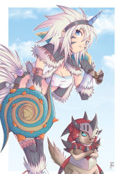 Rule 34 | 1girl, angry, armor, bandeau, bent over, black gloves, blue eyes, breasts, cat, cleavage, covered erect nipples, facepaint, fang, fang out, felyne, fur trim, glaring, gloves, hairband, highres, horns, kirin (armor), medium breasts, midriff, monster hunter (series), over shoulder, papermoon92, rathalos (armor), scar, scar across eye, scar on face, shield, sideways glance, single horn, sky, strapless, sword, thighhighs, weapon, weapon over shoulder, white hair