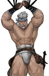 Rule 34 | 1boy, abs, bara, beard, body hair, bound, bound wrists, bulge, dopey (dopq), facial hair, fundoshi, granblue fantasy, highres, japanese clothes, large pectorals, looking at viewer, male focus, male underwear, manly, muscular, nipples, pectorals, scar, simple background, solo, soriz, thick thighs, thighs, topless male, underwear, white male underwear