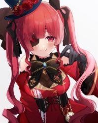 Rule 34 | 1girl, black bow, black gloves, black ribbon, blush, bow, breasts, brooch, chain, cleavage, coat, corset, detached sleeves, drill hair, drill sidelocks, eyepatch, gloves, gothic lolita, hat, highres, hololive, houshou marine, houshou marine (gothic lolita), jewelry, lolita fashion, long hair, looking at viewer, medium breasts, mini hat, oxo art, pocket watch, red coat, red eyes, red hair, ribbon, ringlets, see-through, see-through cleavage, sidelocks, simple background, smile, solo, top hat, twintails, very long hair, virtual youtuber, watch, white background