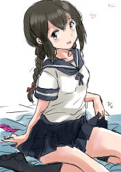 Rule 34 | 1girl, black hair, black skirt, black socks, braid, brown eyes, condom, condom wrapper, fuji (pixiv24804665), grey sailor collar, hair between eyes, highres, isonami (kancolle), kantai collection, long hair, looking at viewer, low twintails, open mouth, pleated skirt, sailor collar, school uniform, serafuku, simple background, sitting, skirt, skirt hold, smile, socks, solo, twin braids, twintails, wariza, white background
