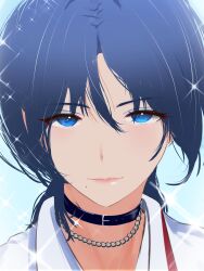 Rule 34 | 1girl, black choker, blue background, blue eyes, blue eyeshadow, blue hair, chain, chain necklace, choker, cohi27151463, commentary, eyeshadow, hair between eyes, highres, hiodoshi ao, hololive, hololive dev is, jewelry, light smile, lips, looking at viewer, makeup, medium hair, mole, mole under mouth, necklace, parted bangs, portrait, regloss, shirt, simple background, solo, sparkle, virtual youtuber, white shirt