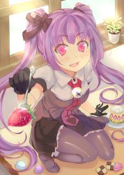 Rule 34 | 1girl, :d, artemis (harunoibuki), bad id, bad pixiv id, black gloves, black pantyhose, blush, cake, checkerboard cookie, cookie, feeding, food, fork, fruit, gloves, harunoibuki, heart, holding, holding fork, incoming food, indoors, long hair, macaron, necktie, no shoes, open mouth, original, pantyhose, pink eyes, pink hair, plant, plate, pleated skirt, potted plant, pov feeding, purple hair, simple background, sitting, skirt, smile, solo, strawberry, strawberry shortcake, twintails, two side up, very long hair, window