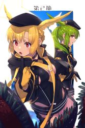 Rule 34 | 2girls, beret, black dress, black gloves, black headwear, black jacket, black one-piece swimsuit, blonde hair, blush, breasts, covered navel, cropped jacket, dress, echo (circa), energy wings, fate/grand order, fate (series), gloves, green hair, hat, head wings, jacket, long hair, long sleeves, medium breasts, multiple girls, olrun (fate), one-piece swimsuit, open clothes, open jacket, open mouth, red eyes, rindr (fate), short hair, sidelocks, swimsuit, tentacles, translation request, twintails, valkyrie (fate), wings