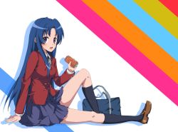 Rule 34 | 1girl, :o, anime coloring, bag, black ribbon, black socks, blazer, blue hair, blush, breasts, brown footwear, can, drink can, duffel bag, eclair (ekreatan), from side, full body, holding, jacket, kawashima ami, knee up, kneehighs, loafers, long hair, long sleeves, looking at viewer, looking to the side, medium breasts, medium skirt, multicolored background, neck ribbon, oohashi high school uniform, open mouth, parted bangs, pleated skirt, purple eyes, purple skirt, red jacket, ribbon, school bag, school uniform, shoes, sitting, skirt, socks, soda can, solo, straight hair, tail, toradora!, very long hair, wing collar