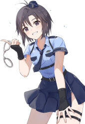 1girl black_eyes black_hair fingerless_gloves gloves idolmaster kikuchi_makoto looking_at_viewer mogskg police short_hair smile solo