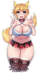 Rule 34 | 1girl, :d, animal ear fluff, animal ears, bare shoulders, belt, blonde hair, blue bra, blue eyes, blush, bra, breasts, brown thighhighs, cleavage, commentary, commission, criss-cross halter, double w, english commentary, fox ears, fox tail, halterneck, hands up, large breasts, looking at viewer, microskirt, navel, open mouth, original, osiimi, pleated skirt, pouch, puffy short sleeves, puffy sleeves, red skirt, seiza, shiny skin, short hair, short sleeves, simple background, sitting, skirt, smile, solo, tail, thick eyebrows, thighhighs, underwear, w, white background