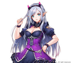 Rule 34 | 1girl, [saw], breasts, cleavage, closed mouth, corset, destiny of crown, dress, hairband, highres, horns, large breasts, long hair, looking at viewer, pointy ears, puffy short sleeves, puffy sleeves, short sleeves, silver hair, solo, watermark, white background, wrist cuffs
