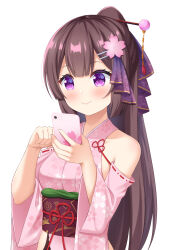 Rule 34 | 1girl, 7fuji 06, absurdres, blush, brown hair, cellphone, character request, commission, detached sleeves, hair ornament, hair stick, highres, hip vent, holding, holding phone, indie virtual youtuber, japanese clothes, kimono, long hair, long sleeves, obi, phone, ponytail, purple eyes, ribbon-trimmed sleeves, ribbon trim, sash, skeb commission, sleeveless, sleeveless kimono, smartphone, smile, upper body, very long hair, virtual youtuber, wide sleeves