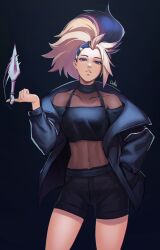 Rule 34 | 1girl, absurdres, akali, black background, black jacket, black shirt, black shorts, blue eyes, bodystocking, crop top, distr, hand in pocket, highres, jacket, k/da (league of legends), k/da all out akali, kunai, league of legends, looking at viewer, multicolored hair, navel, off-shoulder shirt, off shoulder, open clothes, open jacket, parted lips, ponytail, shirt, shorts, solo, twirling weapon, two-tone hair, weapon, white hair