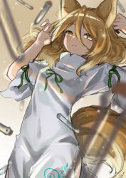 Rule 34 | 1girl, animal ears, arms up, breasts, brown background, brown hair, closed mouth, commentary, eyelashes, eyes visible through hair, fox ears, fox tail, gradient background, green ribbon, hair between eyes, hands up, highres, komori (komo ricecake), kudamaki tsukasa, light smile, looking at viewer, ribbon, romper, short hair, short sleeves, small breasts, solo, star (symbol), symbol-only commentary, tail, teeth, test tube, touhou, white background, white romper, yellow eyes