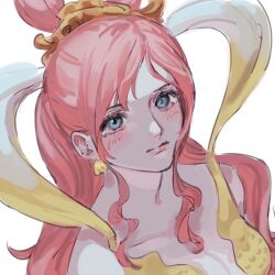 Rule 34 | 1girl, blue eyes, close-up, crying, earrings, half updo, jewelry, looking at viewer, one piece, pink hair, pink lips, shirahoshi, sidelocks, simple background, third-party source, white background, yo0590