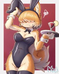 Rule 34 | 1girl, acky, animal ears, black bow, black bowtie, black leotard, black thighhighs, body fur, border, bow, bowtie, breasts, claws, cleavage, cocktail glass, colored tips, covered navel, cup, detached collar, dog ears, dog girl, dog tail, drinking glass, embarrassed, fake animal ears, food, fruit, furry, furry female, hair over eyes, highleg, highleg leotard, highres, holding, holding tray, large breasts, lemon, lemon slice, leotard, light brown hair, long bangs, multicolored fur, multicolored hair, original, outside border, pawpads, playboy bunny, rabbit ears, red background, signature, solo, squiggle, strapless, strapless leotard, sweatdrop, tail, thighhighs, tray, waitress, wavy mouth, white border, wrist cuffs